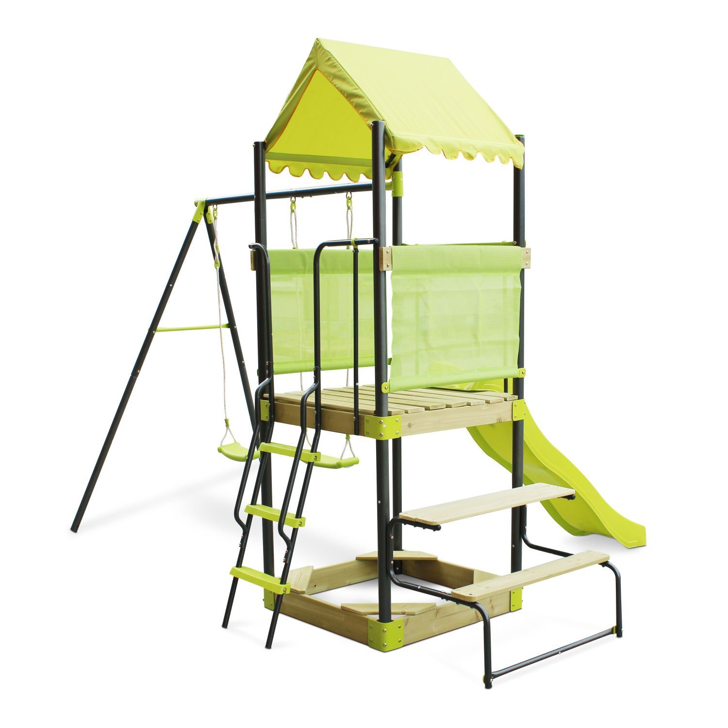 Aire de jeux extérieure avec toboggan, balançoires, cabane et table