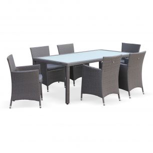 Conjunto de mesa e cadeiras de jardim em rotim (aspeto vime) sintético, 6 lugares, cinzento, Arezzo Foto Arezzo Conjunto de mesa e cadeiras de jardim, cinzento, Arezzo