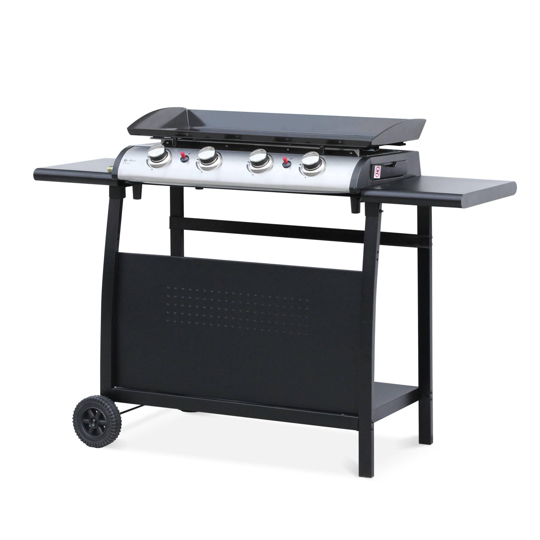 Plancha a gas a 4 fuochi in acciaio inox da 10 kw con carrello, nero
