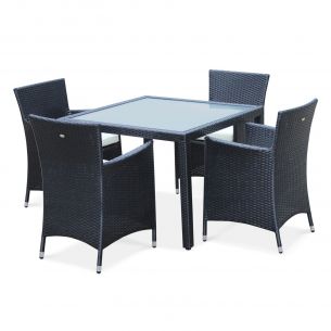 Conjunto de mesa e cadeiras de jardim em rotim (aspeto vime) sintético, 4 lugares, preto - Gesini Foto Gesini Conjunto de mesa e cadeiras de jardim, preto, cru, Gesini