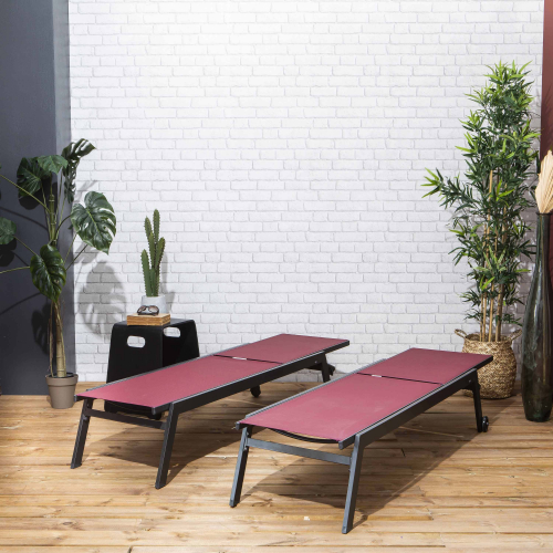 Elsa Conjunto de 2 redes ELSA em alumínio antracite e têxtil vermelho borgonha, redes multi-posições com rodas