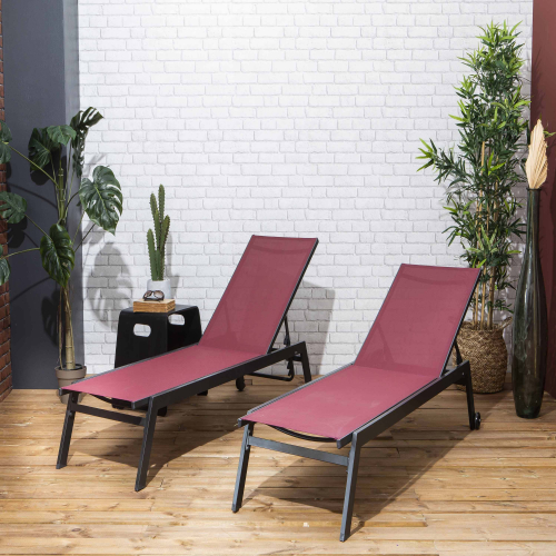 Elsa Conjunto de 2 redes ELSA em alumínio antracite e têxtil vermelho borgonha, redes multi-posições com rodas