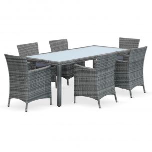Conjunto de mesa e cadeiras de jardim em rotim (aspeto vime) sintético, 6 lugares, vários tons de cinzento - Arezzo Foto Arezzo Conjunto de mesa e cadeiras de jardim, vários tons de cinzento,Arezzo