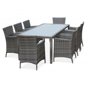 Conjunto de mesa e cadeiras de jardim em rotim (aspeto vime) sintético, 8 lugares, vários tons de cinzento - Capri Foto Capri Conjunto de mesa e cadeiras de jardim, Vários tons de cinzento, Capri