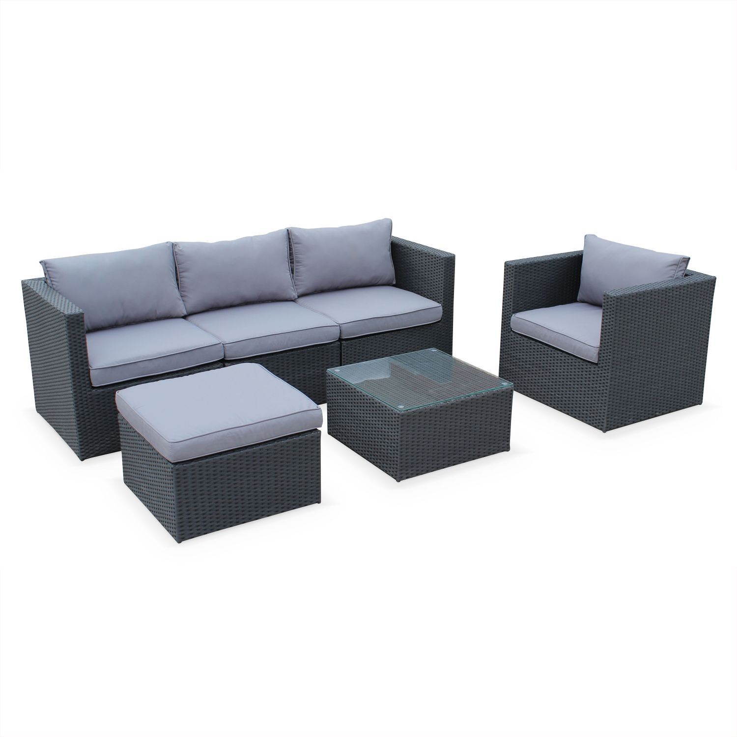 Mueble de jardin, conjunto sofa de exterior, Negro Gris, 5 plazas