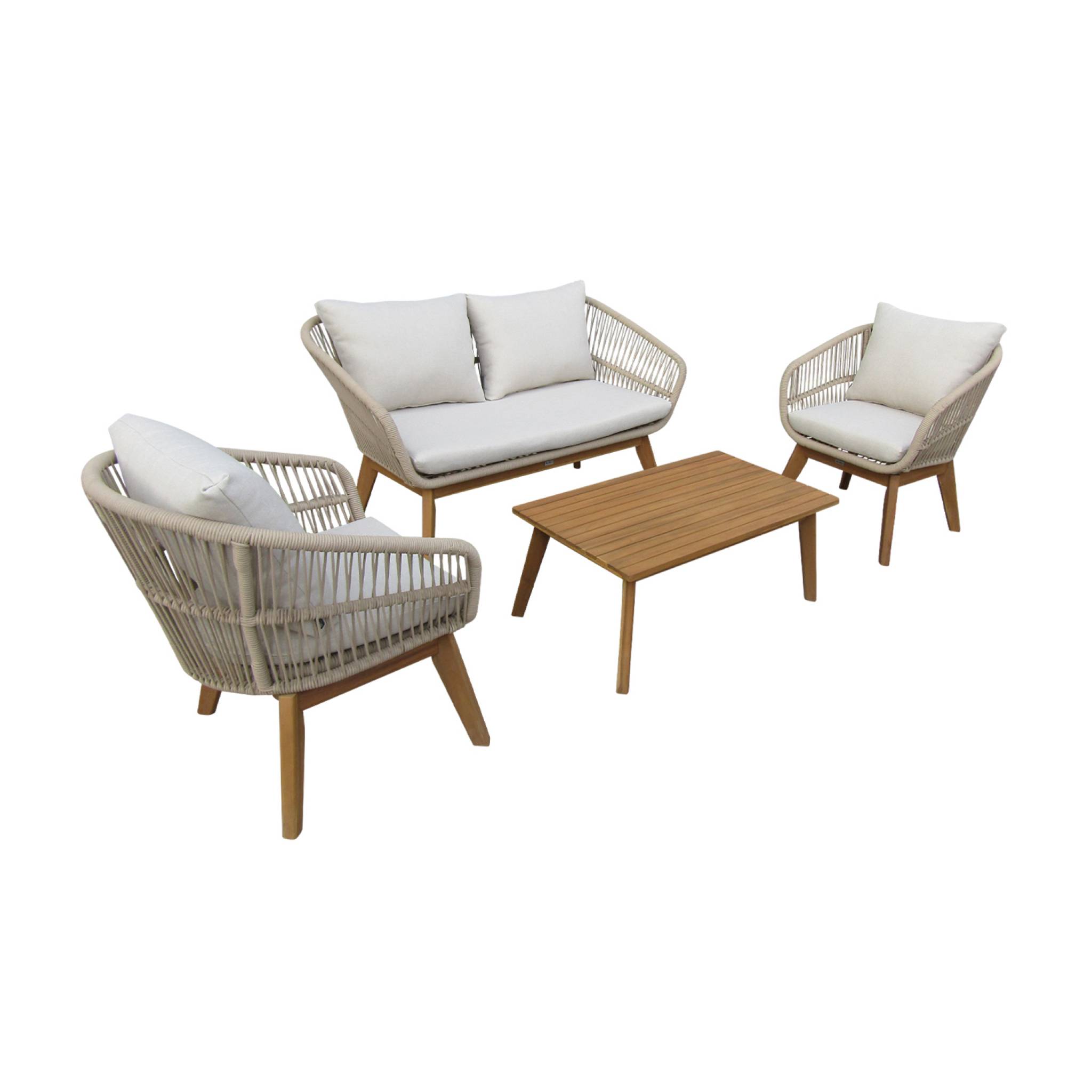 Salotto da giardino in legno e corda a 4 posti, beige