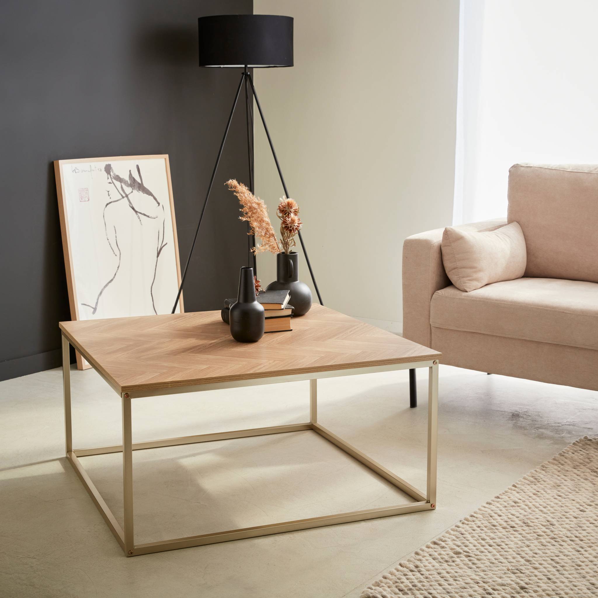 Tavolino Effetto Legno Con Motivo A Spina Di Pesce, Marrone Naturale-image