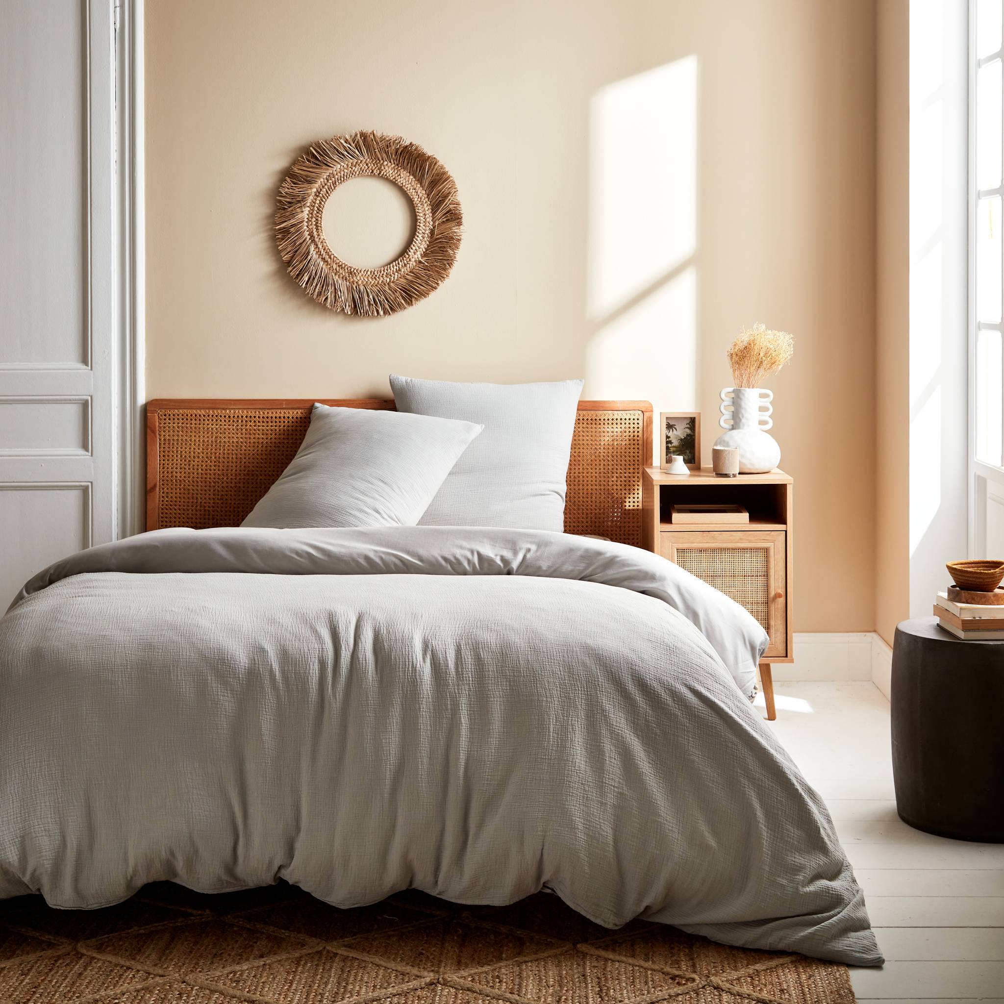 Image of Completo letto in mussola di cotone grigio chiaro, 2 posti