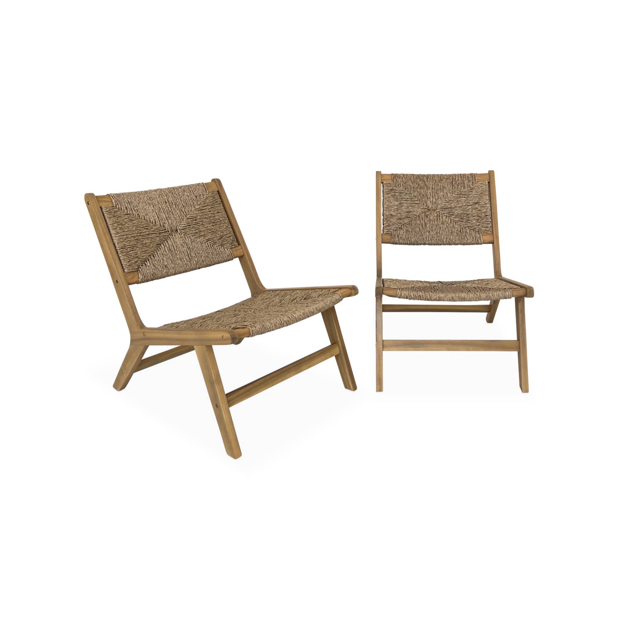 Set di 2 poltrone da giardino, legno, resina effetto paglia, marrone