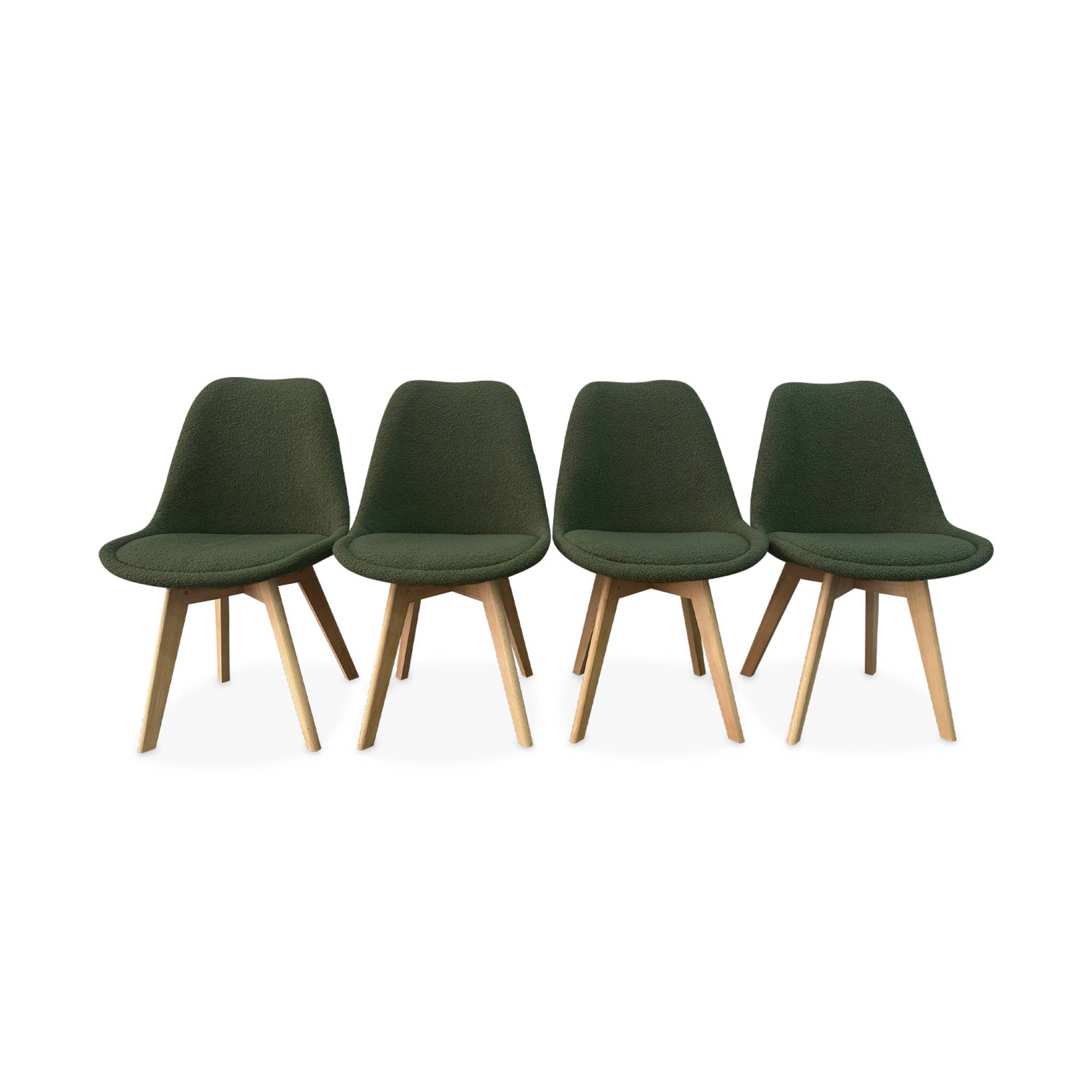 Set di 4 sedie scandinave bouclé, gambe in legno, kaki