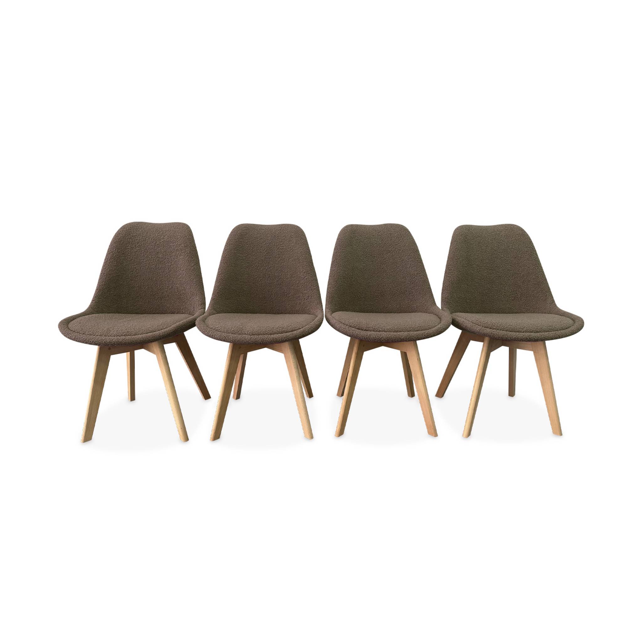 Set di 4 sedie scandinave bouclé, gambe in legno, beige