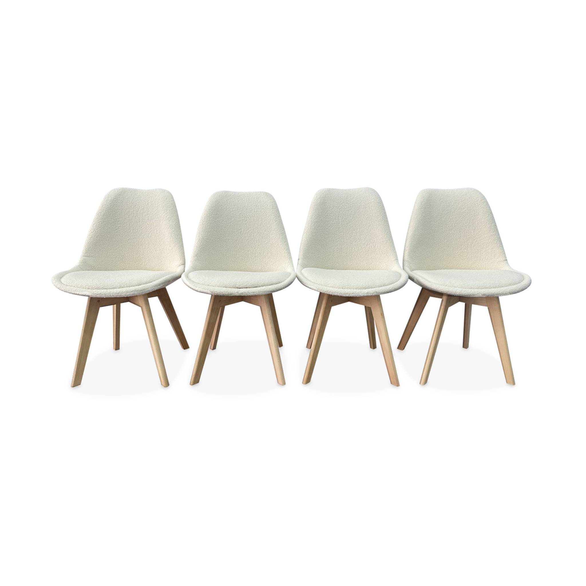 Set di 4 sedie scandinave bouclé, gambe in legno, bianco