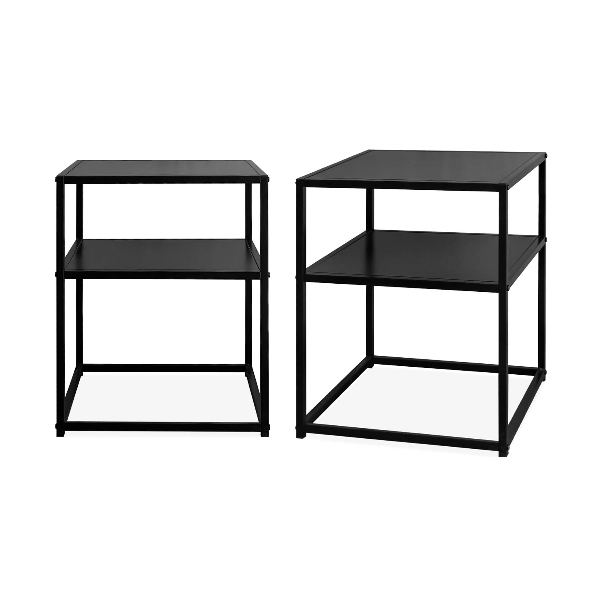 Set di 2 comodini in metallo nero con ripiano, nero