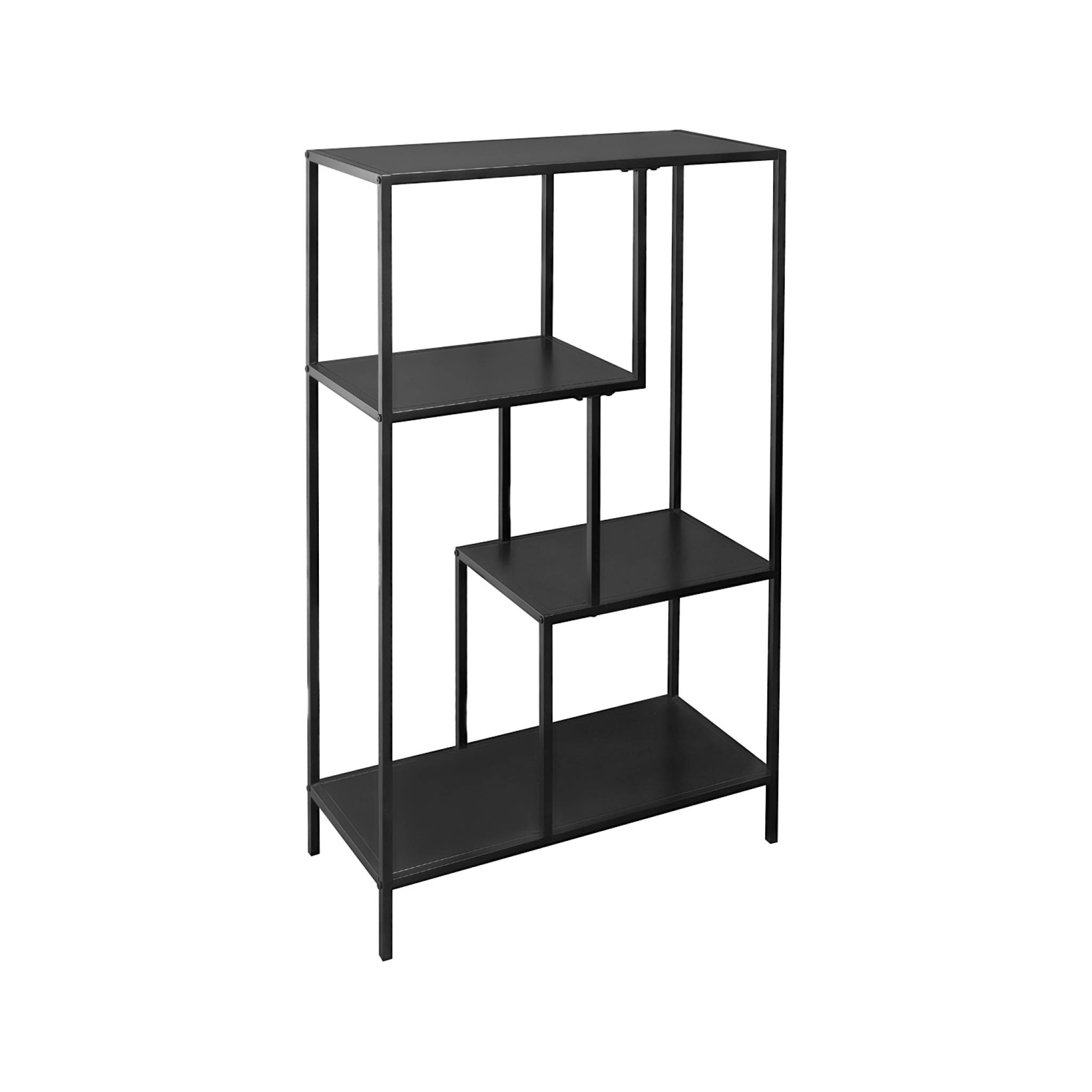 Libreria asimmetrica in metallo nero con 4 ripiani, nero