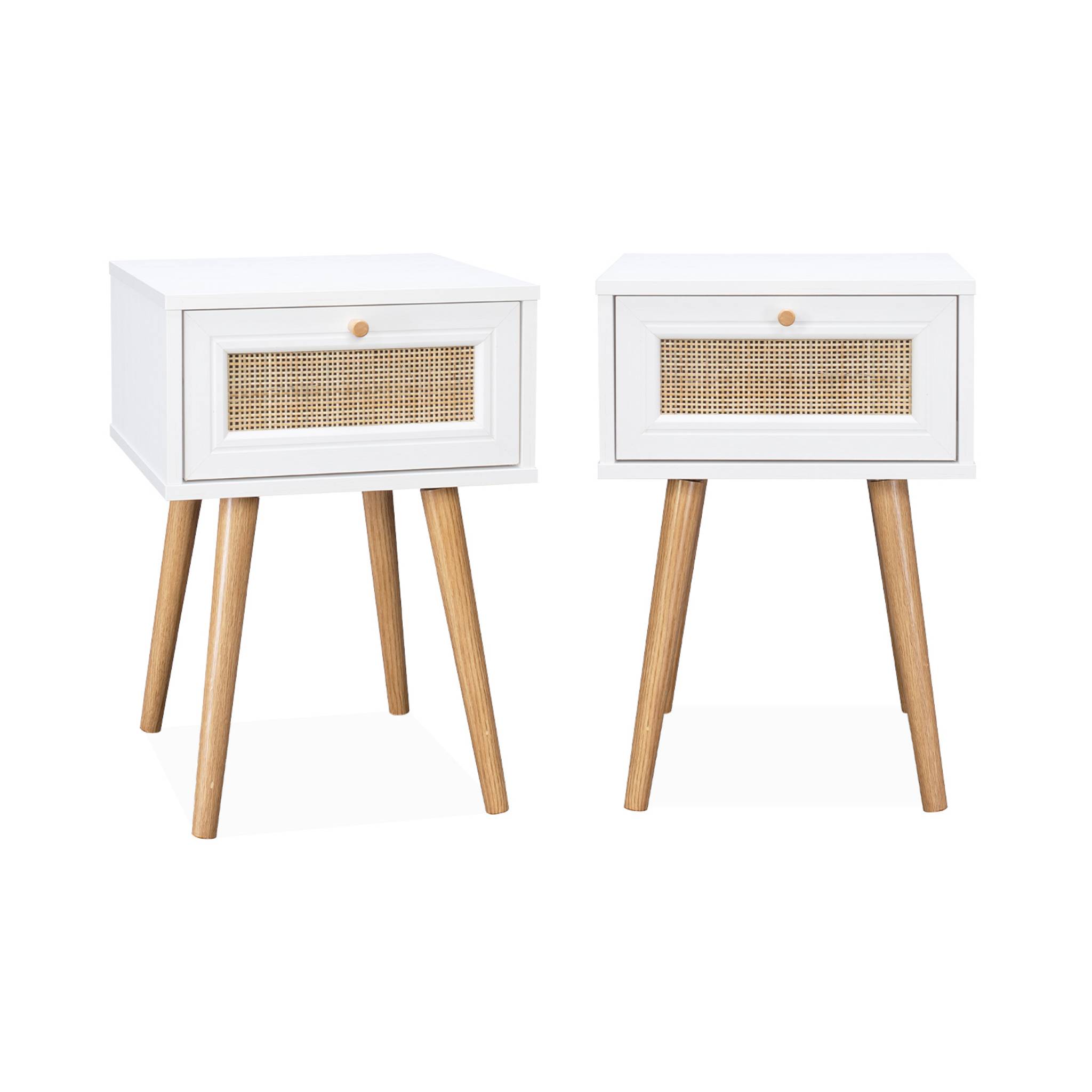 Set di 2 comodini in legno e cannage, bianco sporco