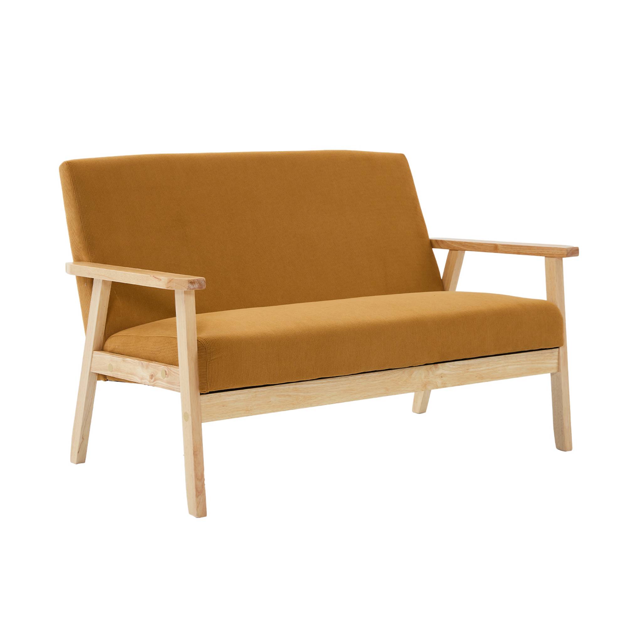 Divano-panca a 2 posti, velluto a coste, gambe in legno, mostarda