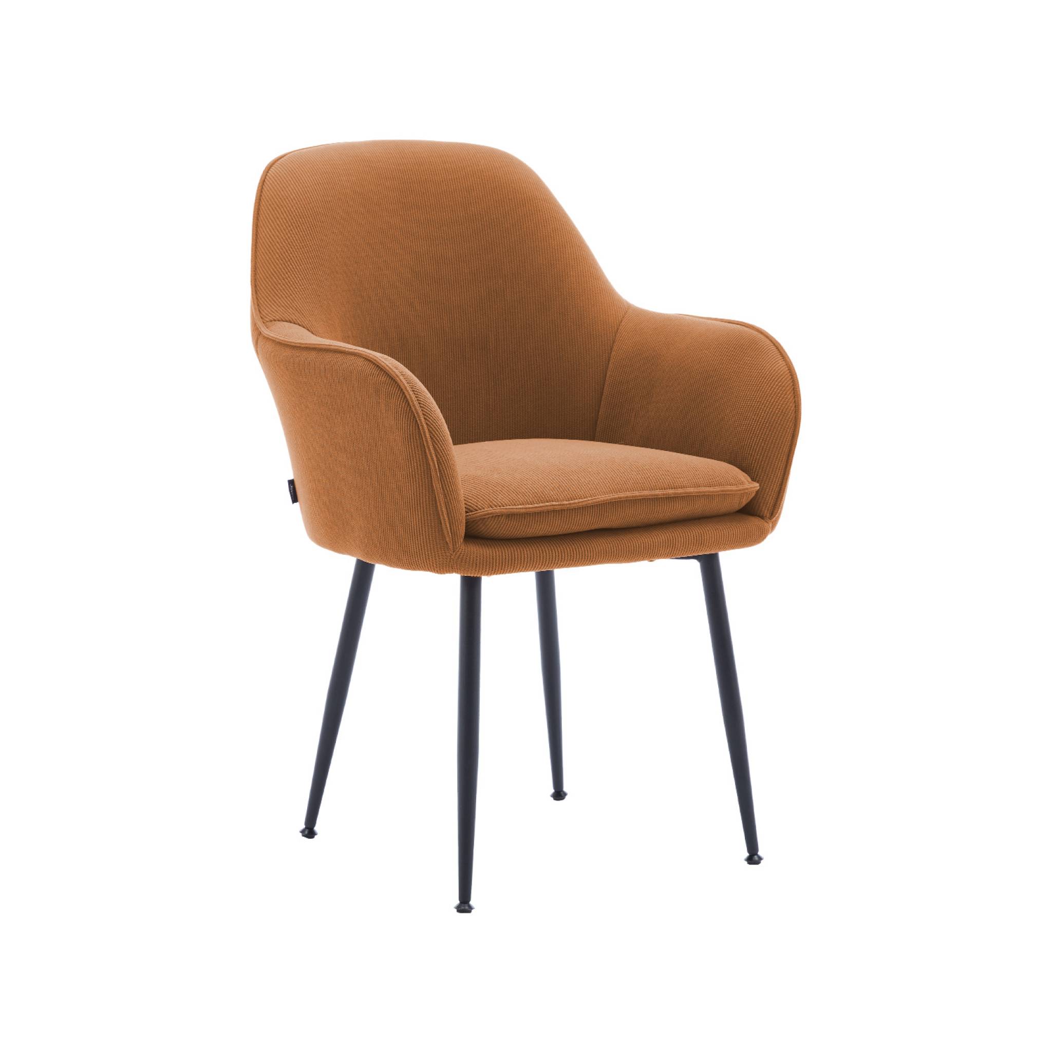 Poltrona in velluto a coste con gambe in metallo nero opaco, camel