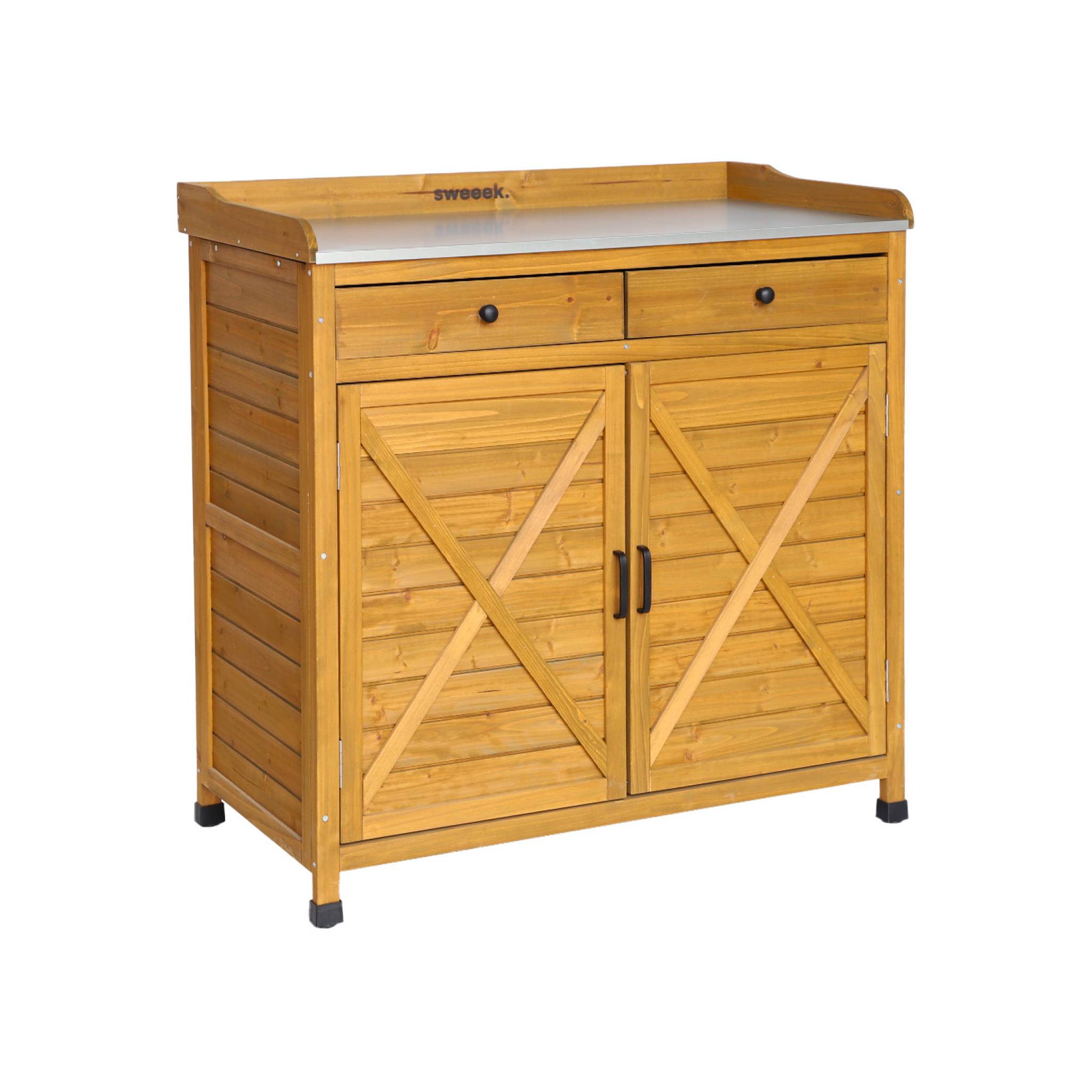 Contenitore, tavolo da vaso in legno di abete, 2 ante, 2 cassetti,