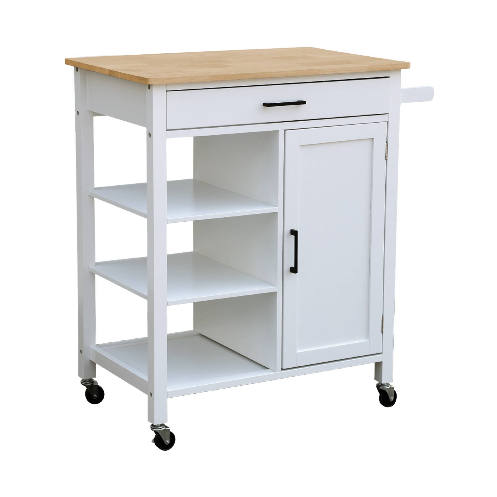 Image of Carrello da cucina in legno di gomma con manico, bianco