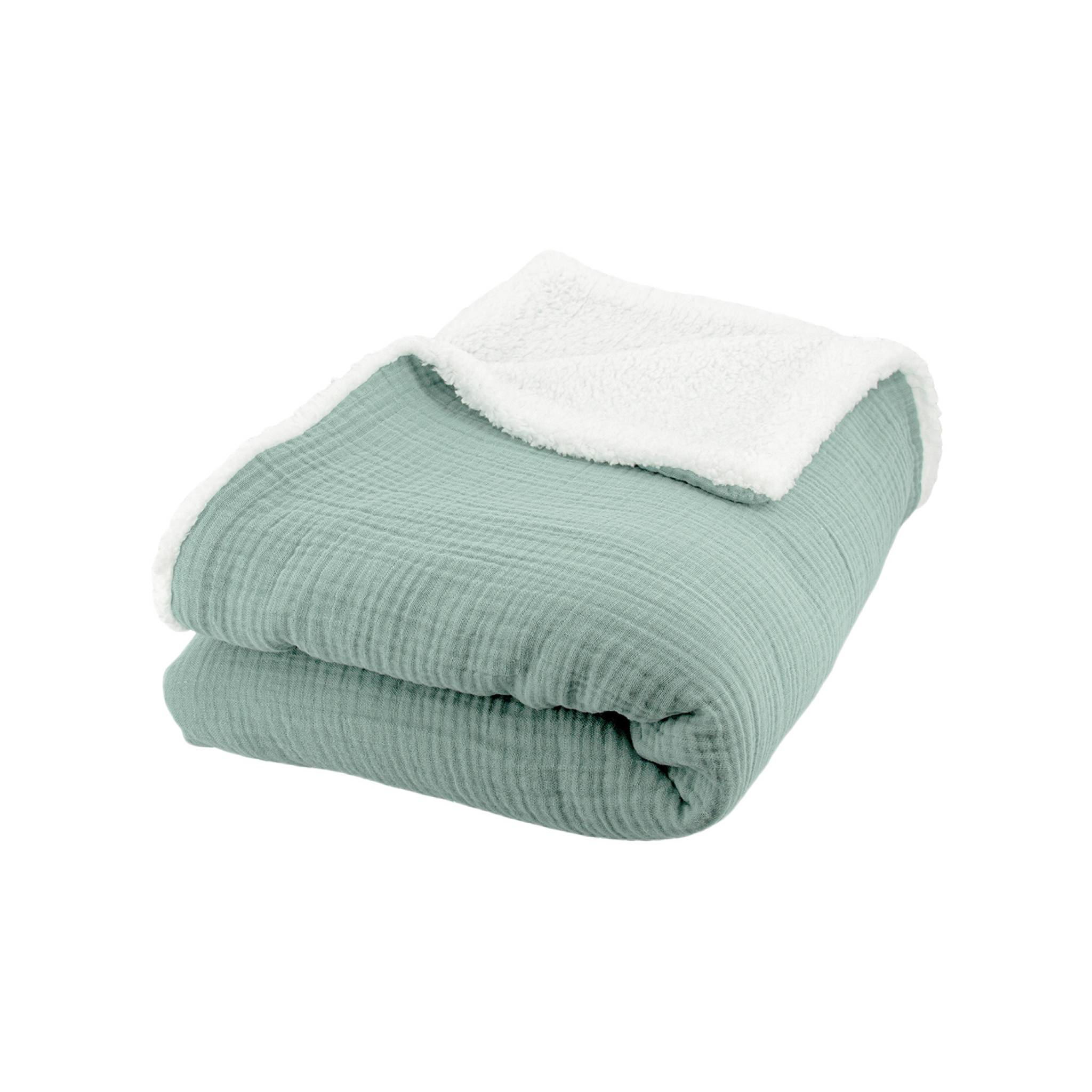Image of Plaid sherpa e mussola di cotone , 170cm, verde mandorla