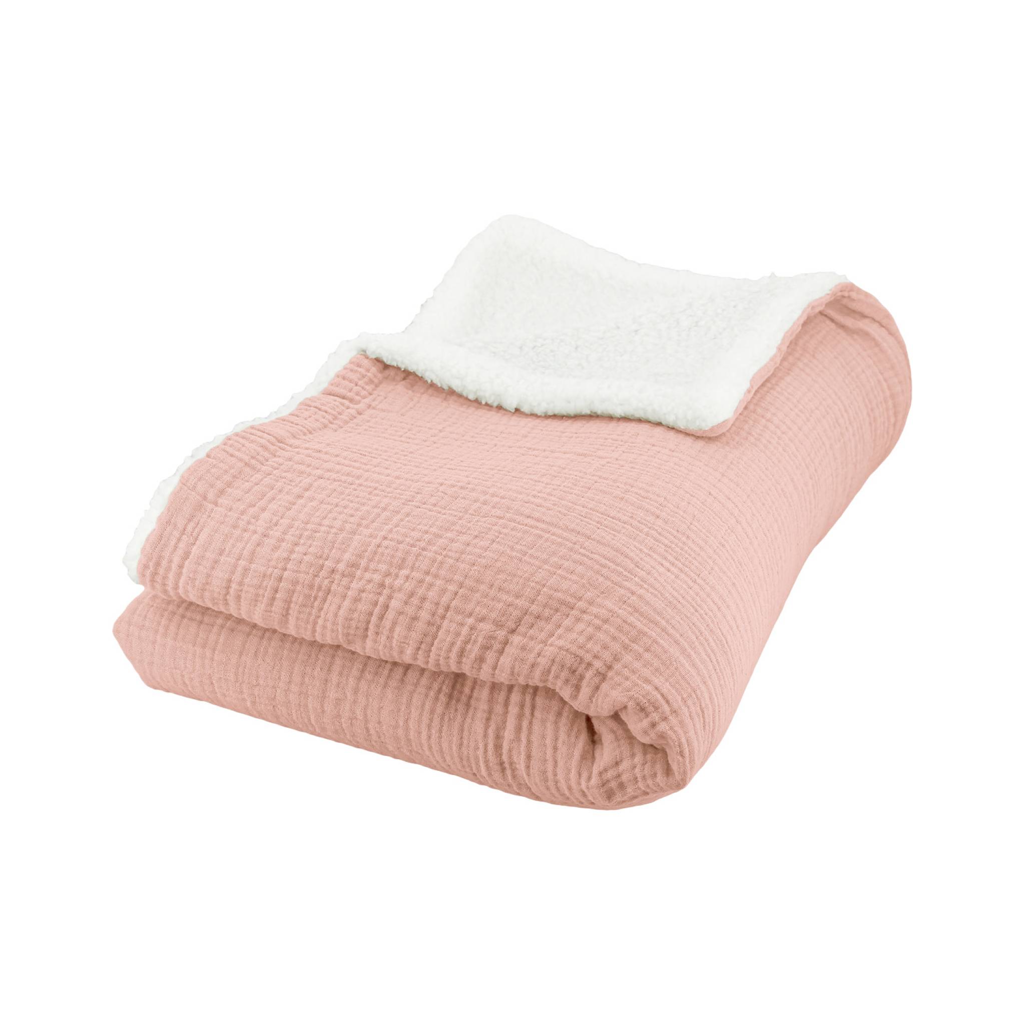 Image of Plaid sherpa e mussola di cotone , 170cm, pesca