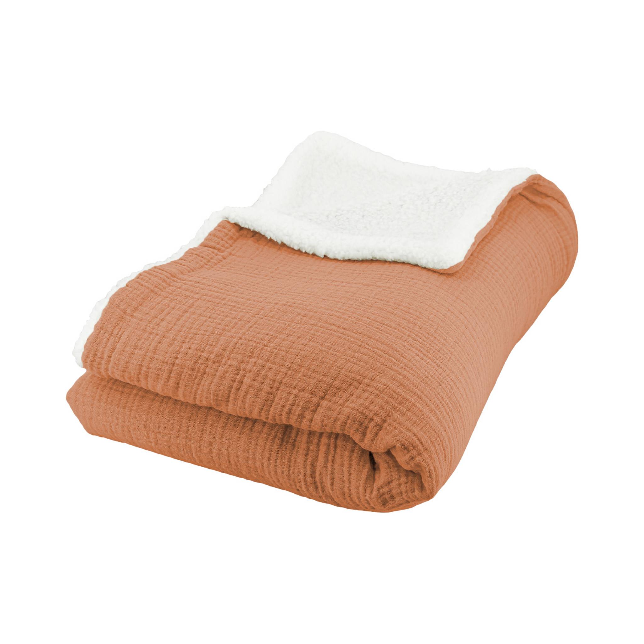 Image of Plaid sherpa e mussola di cotone , 170cm, caramello