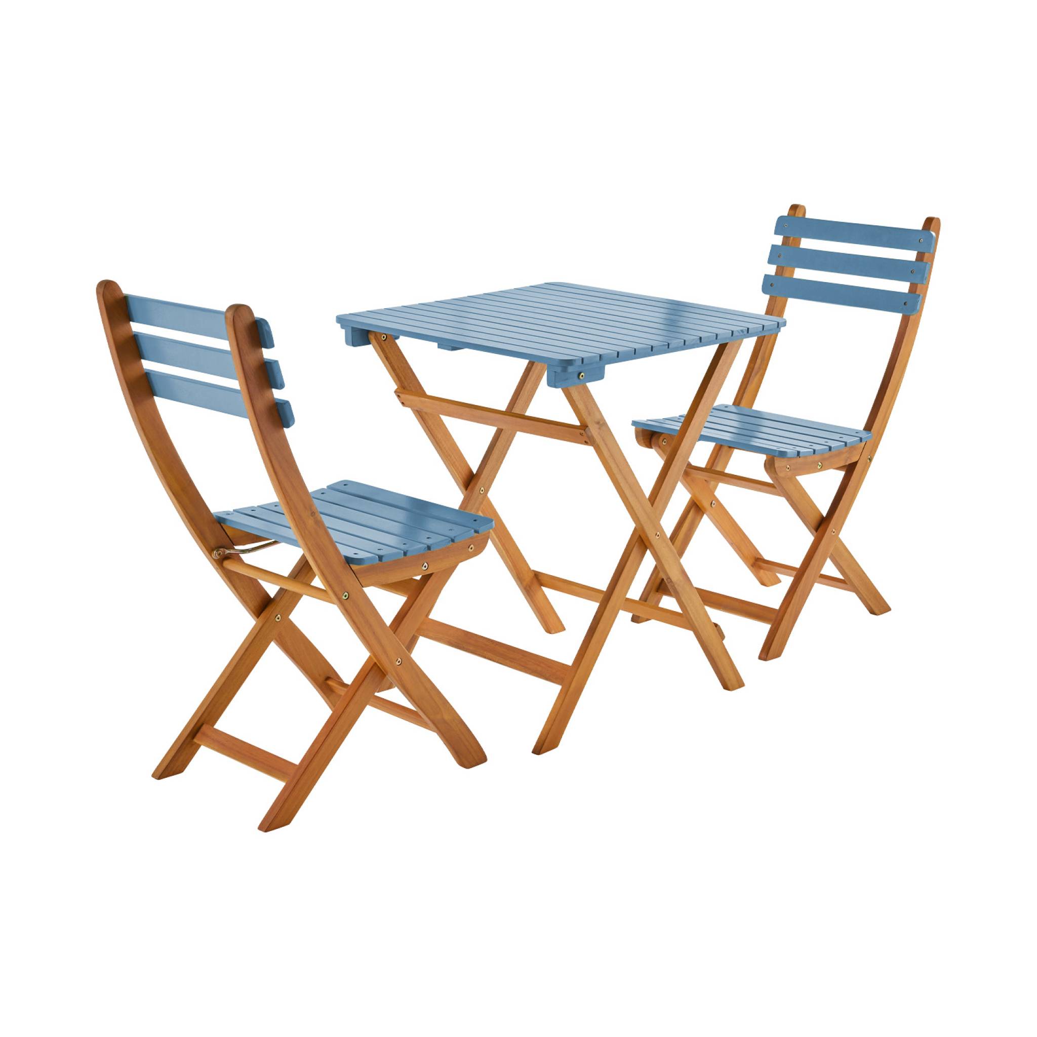 Tavolo da giardino in legno di acacia, 2 sedie pieghevoli, blu