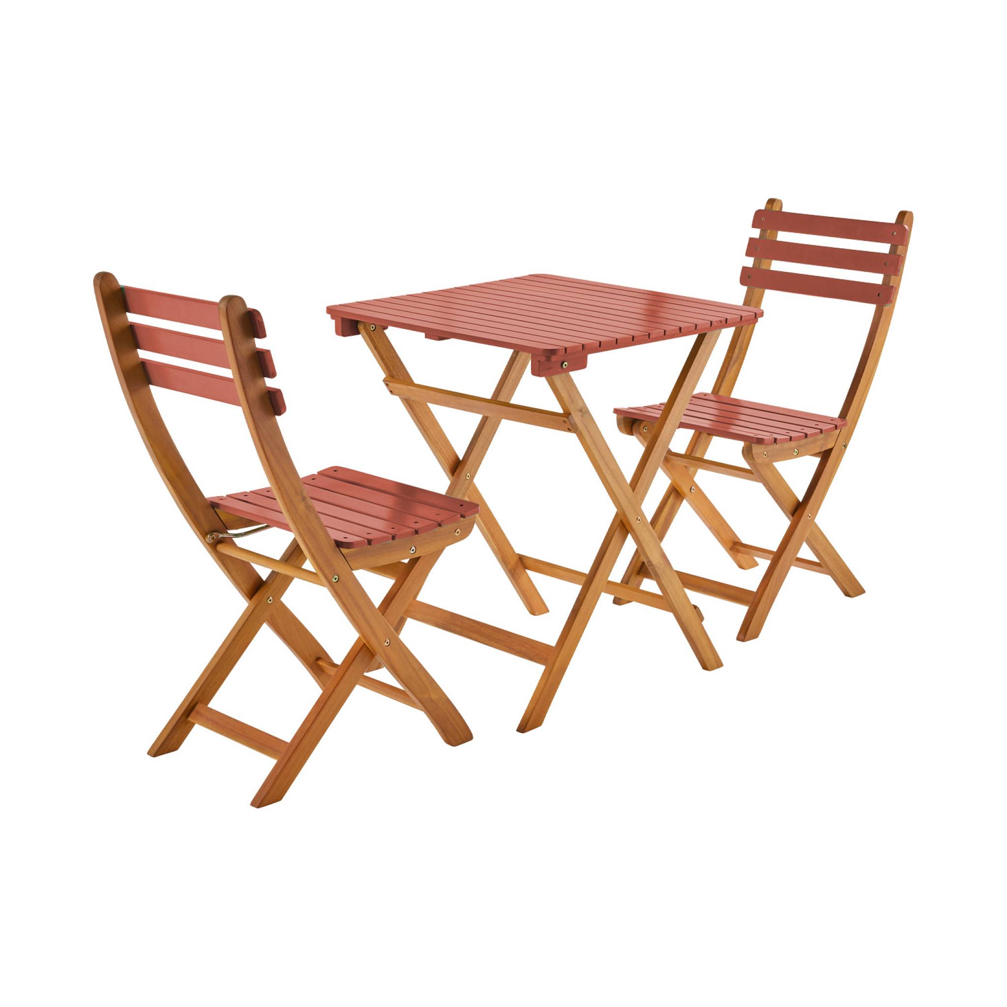 Tavolo da giardino in legno di acacia, 2 sedie pieghevoli, terracotta