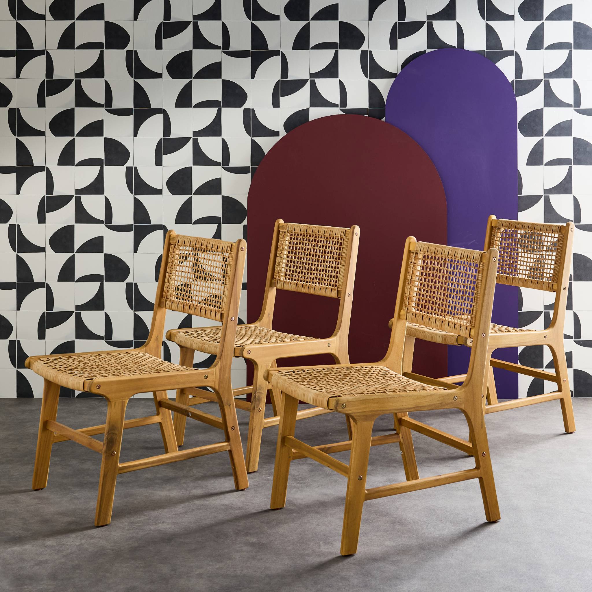 Set di 4 sedie in canna e legno, marrone naturale