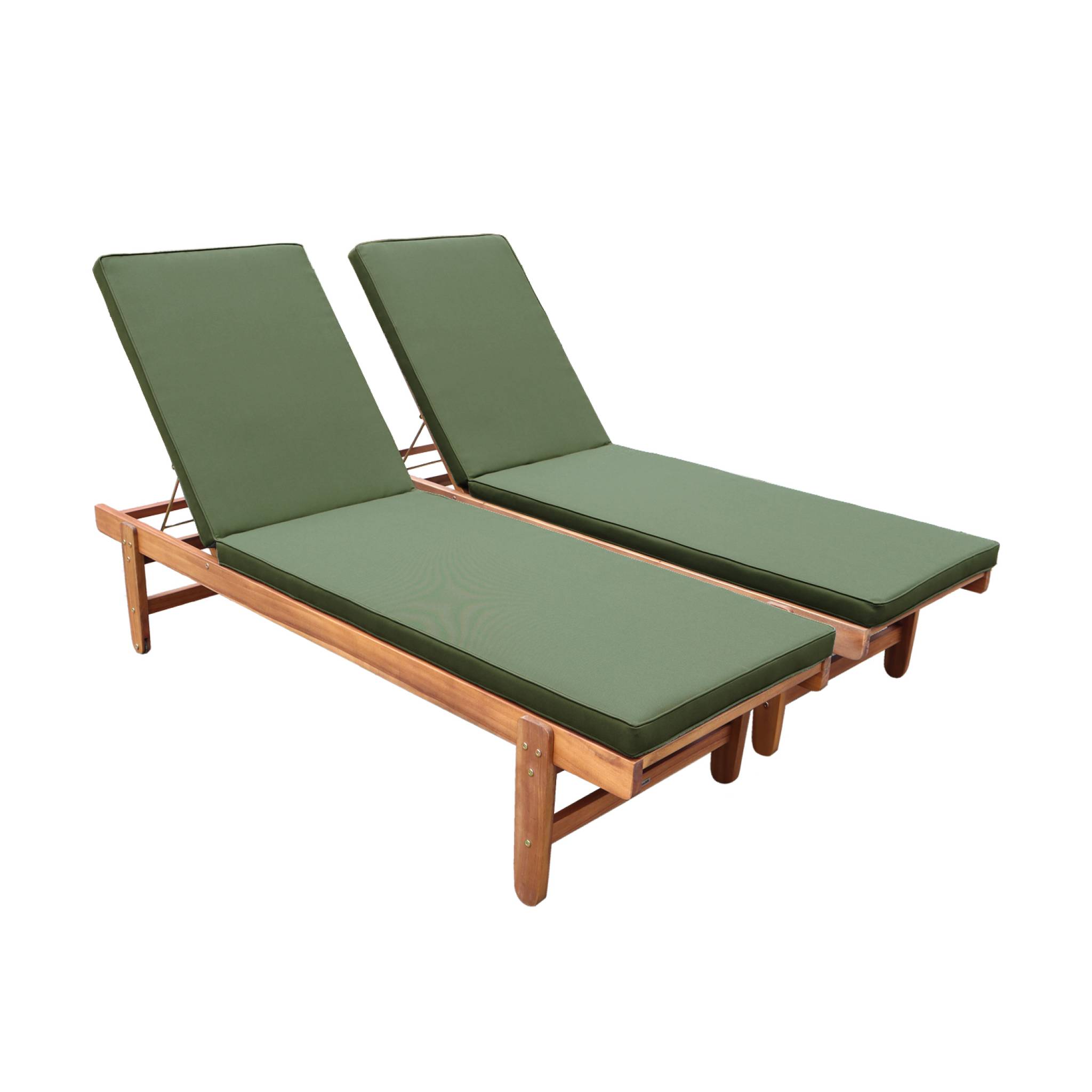 Set di 2 lettini prendisole multiposizione in legno con rotelle, verde