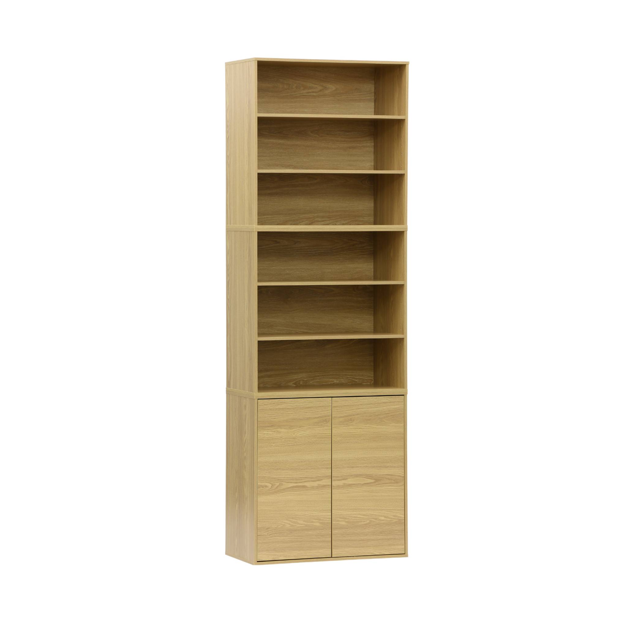 Scaffale, libreria modulare con 2 porte e 5 ripiani, quercia