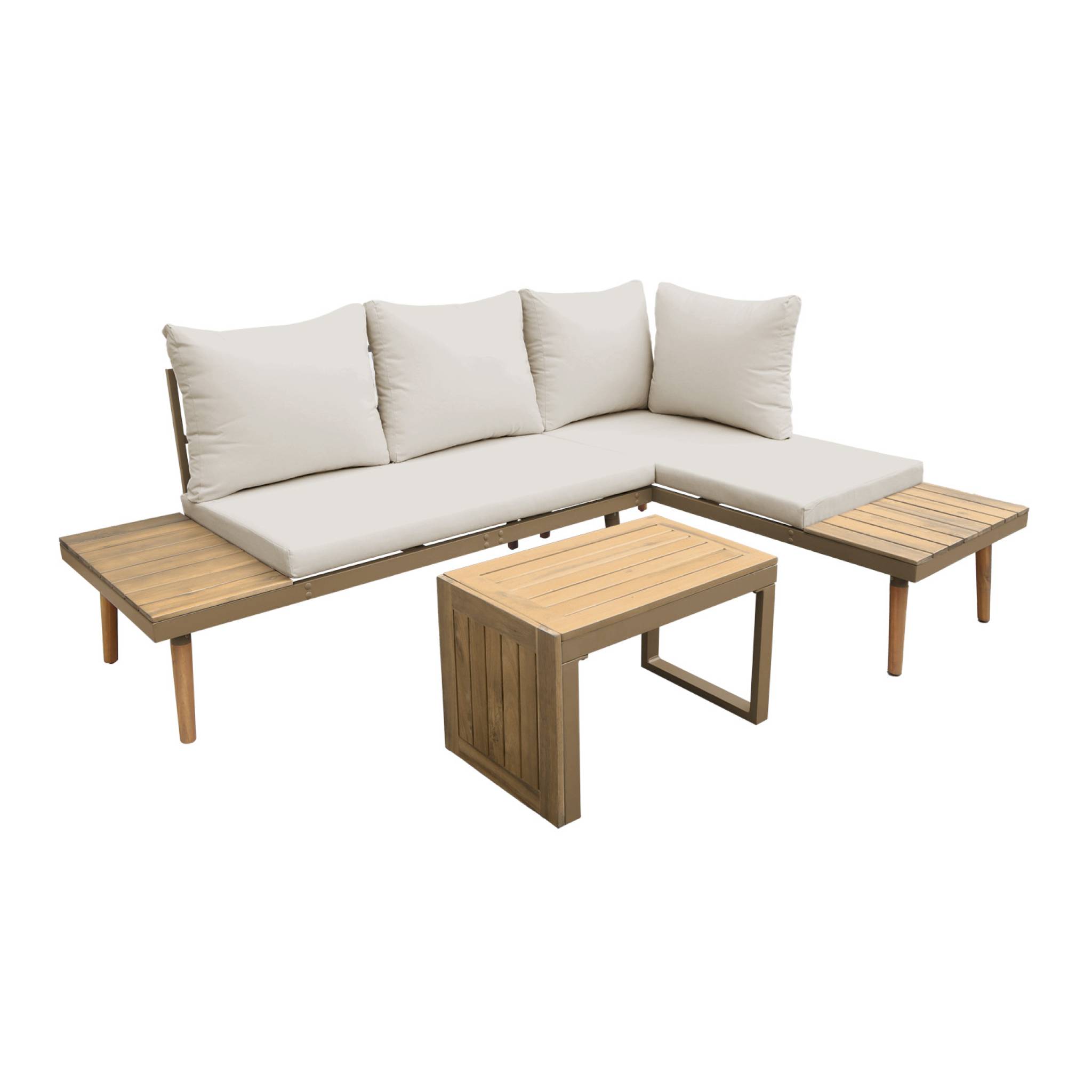 Salotto da giardino in alluminio e acacia, 4 posti, marrone