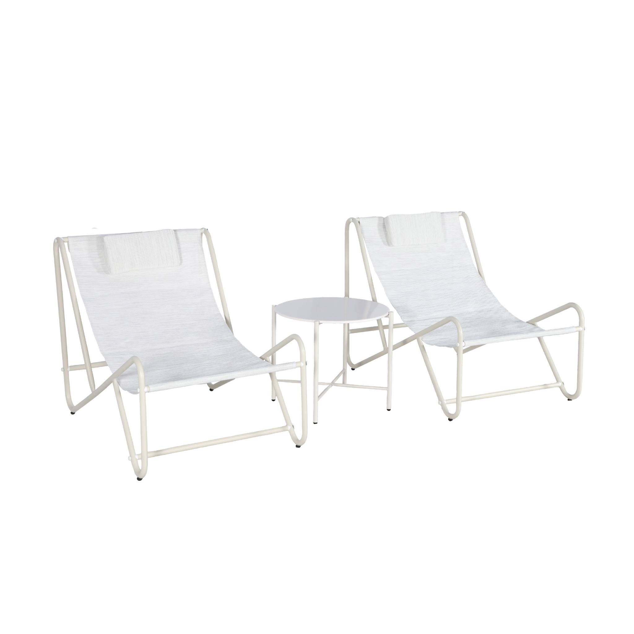Set di 2 poltrone relax con tavolo rotondo in acciaio, beige