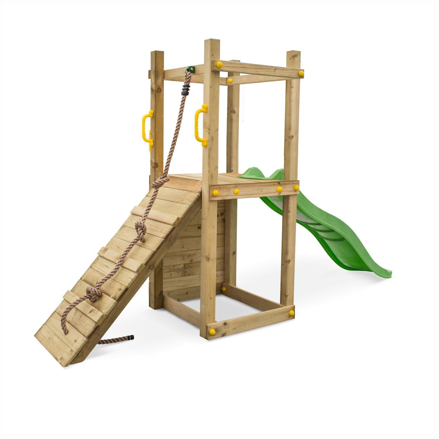 Aire de jeux en bois avec toboggan, corde et mur d'escalade