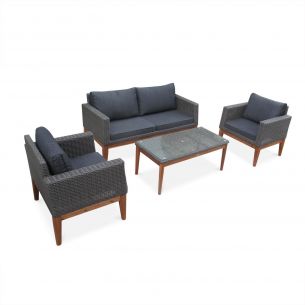 Valencia Conjunto lounge jardim lounge FSC madeira e resina trançada redonda, 4 pcs - Valencia