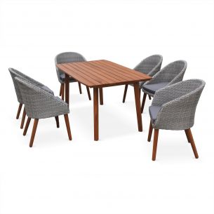 Móveis de jardim em madeira e resina trançada redonda - Mesa retangular de madeira 160cm, 2 poltronas e 4 cadeiras, Eucalyptus FSC oleado, design escandinavo - Huesca Foto Huesca Mobiliário de jardim, design escandinavo, eucalipto FSC e resina trançada arredondada, mesa de madeira 6 pessoas - HUESCA