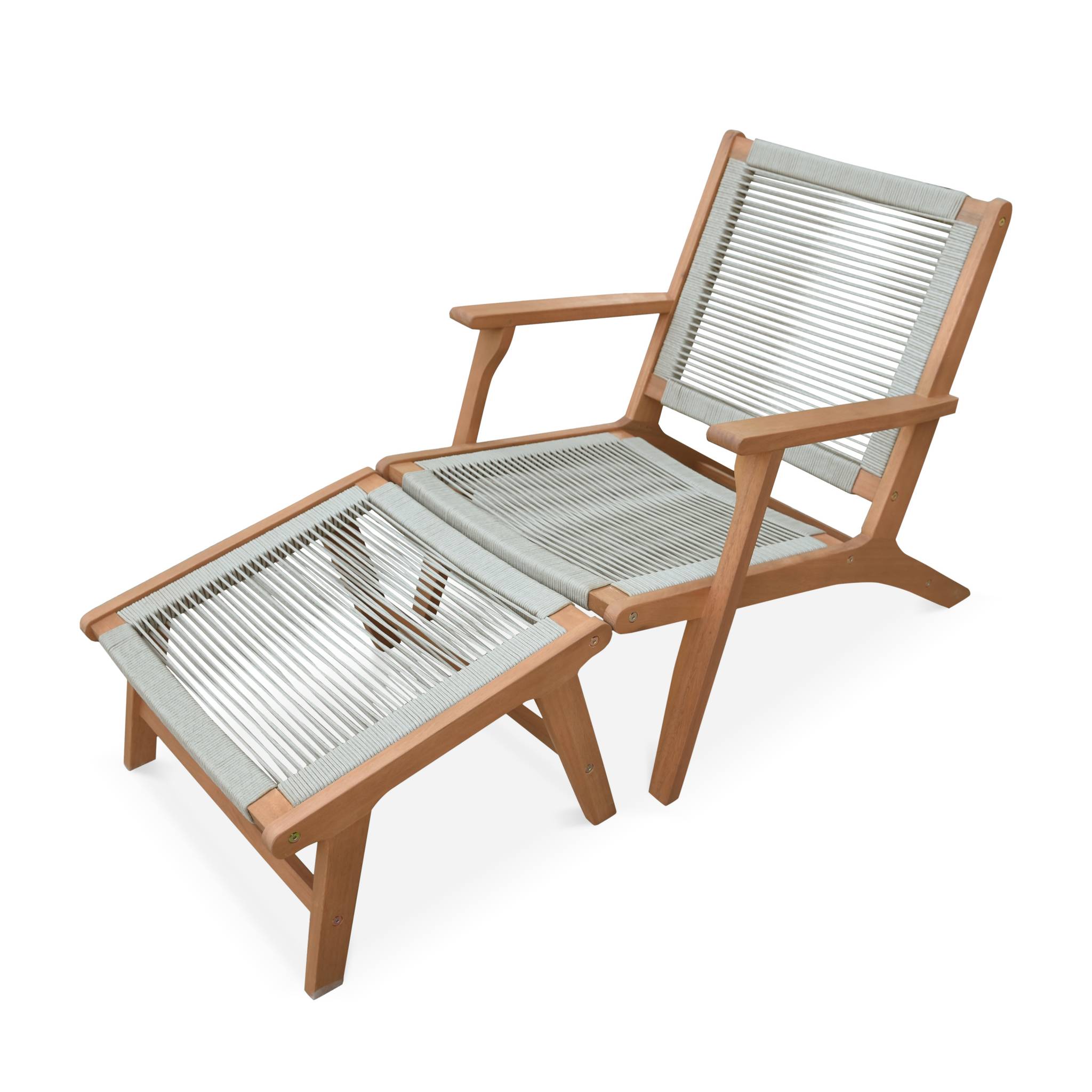 Poltrona relax in legno e corda con poggiapiedi, beige