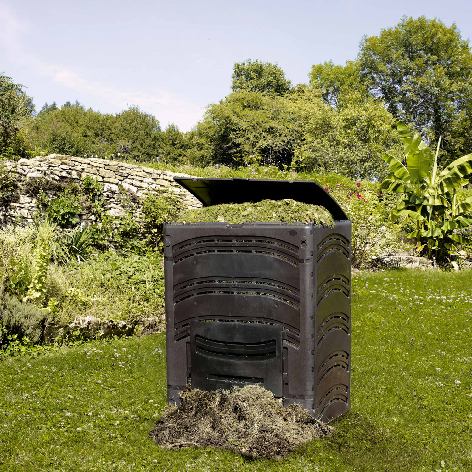 Black 500L capacity compost bin, with opening trap doors