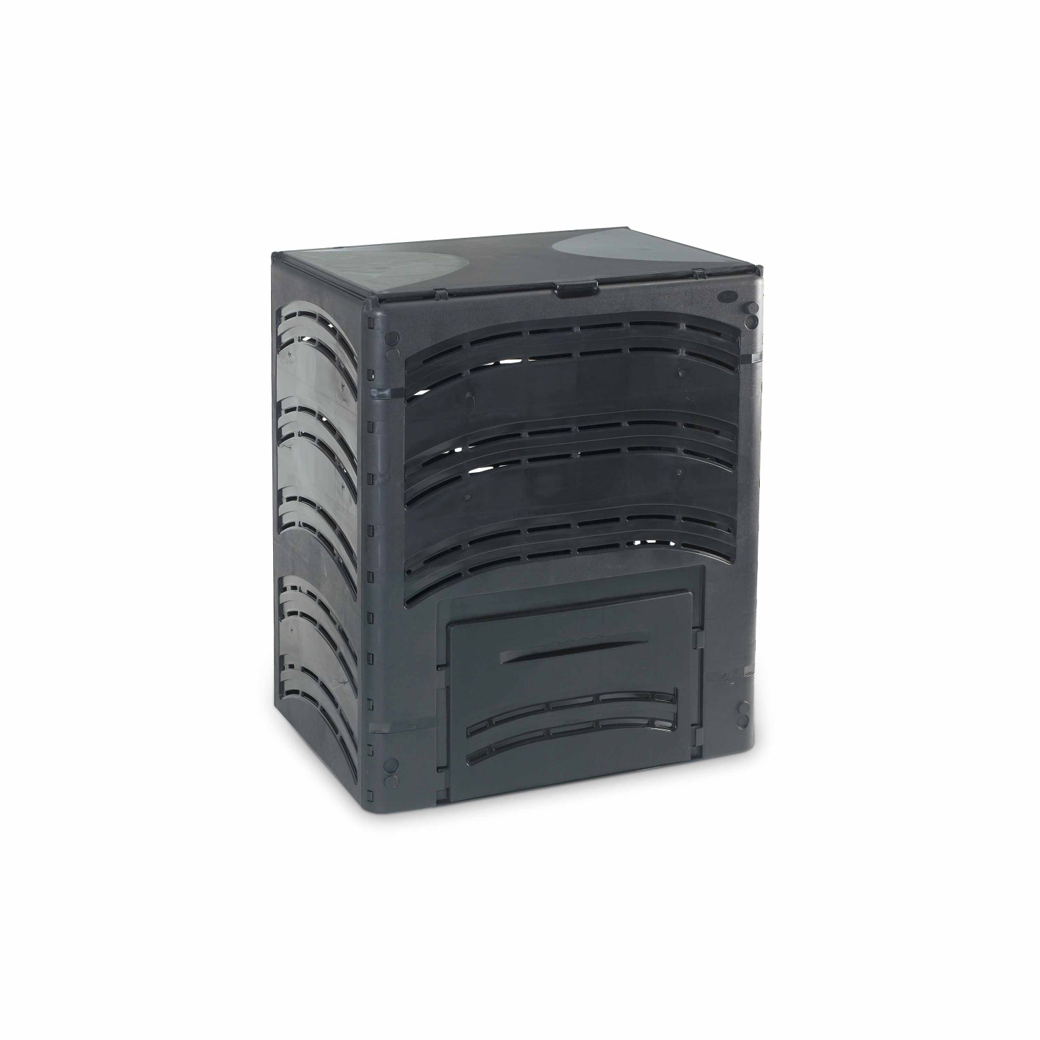 Black 500L capacity compost bin, with opening trap doors