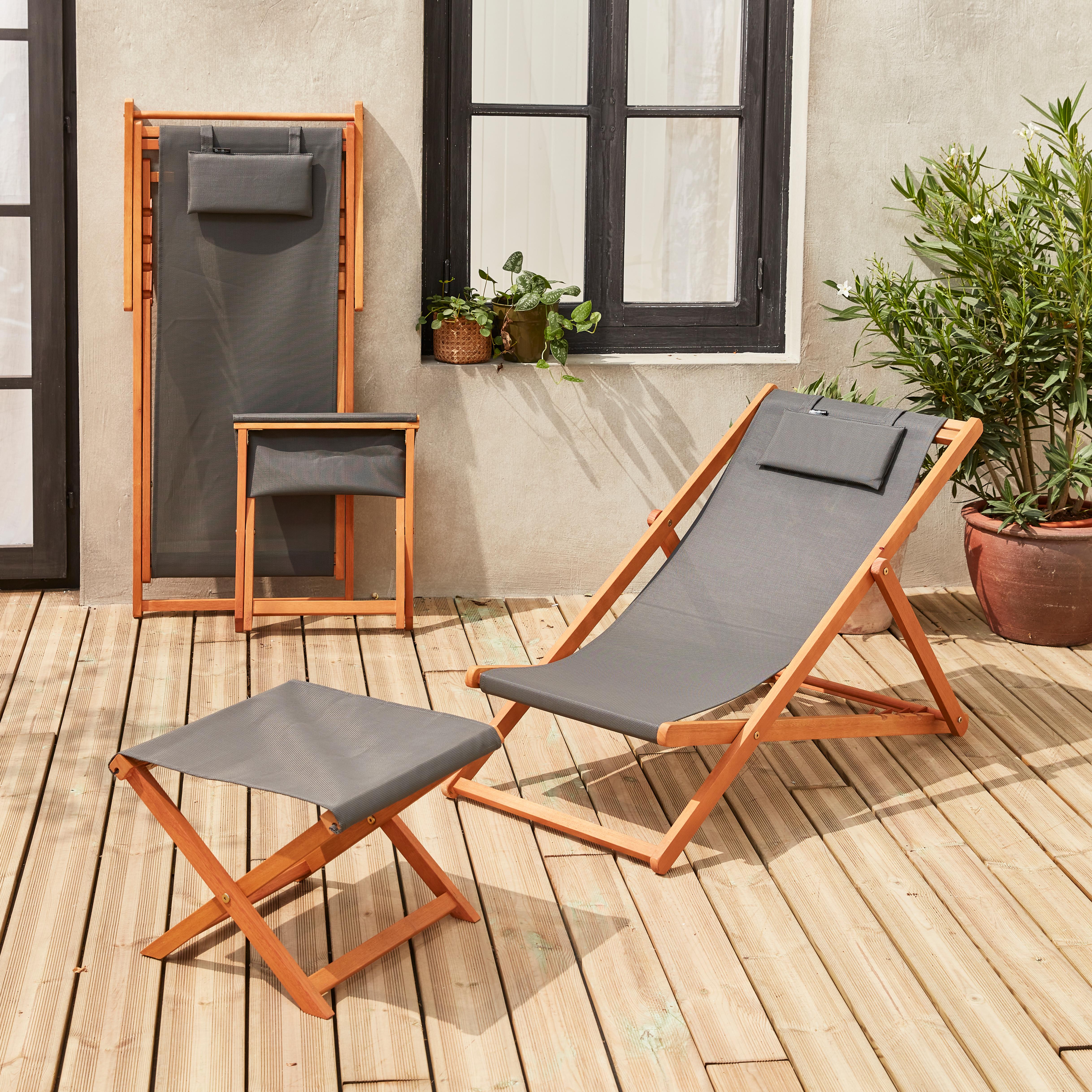 Houten - Creus - 2 houten strandstoelen van geolied FSC Eucalyptushout met grijs hoofdkussentje en voetenbank