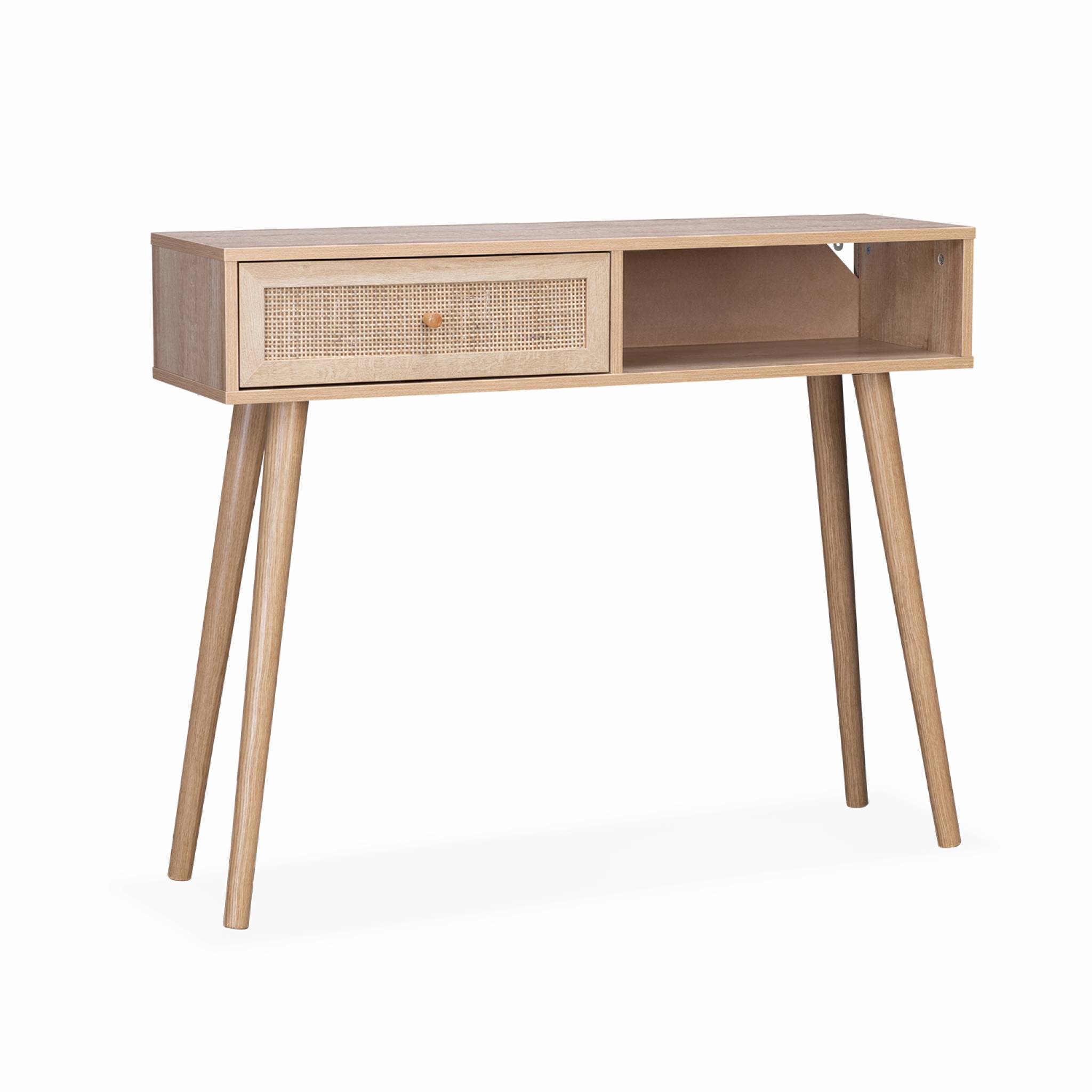 Image of Consolle scandinava con effetto legno e canna, 100cm, marrone naturale