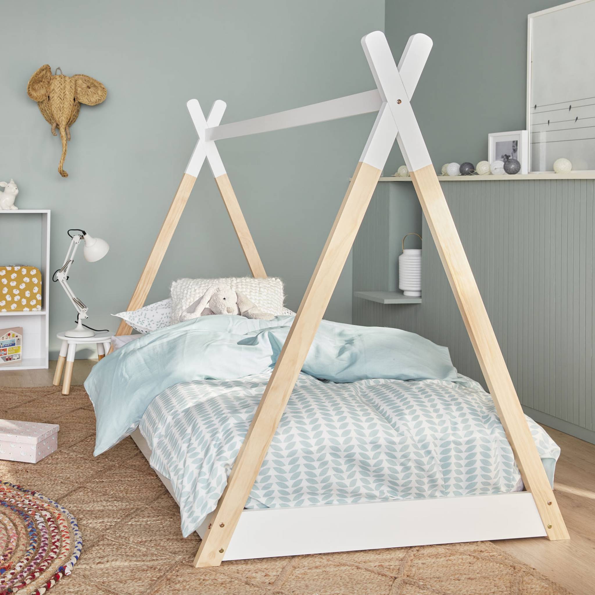 Letto Tenda Per Bambini 190Cm Pino Naturale, Base Inclusa, Bianco-image