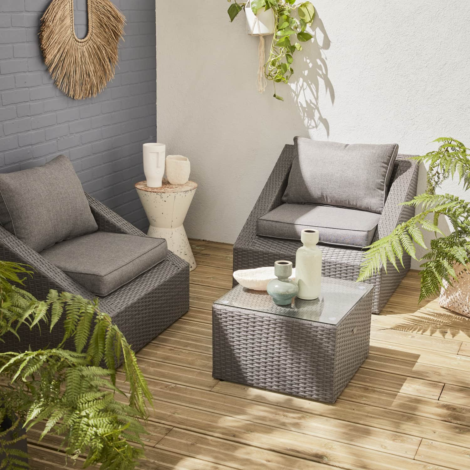 Sofa de jardín, conjunto sofá de exterior, Gris Gris jaspeado, 2 plazas