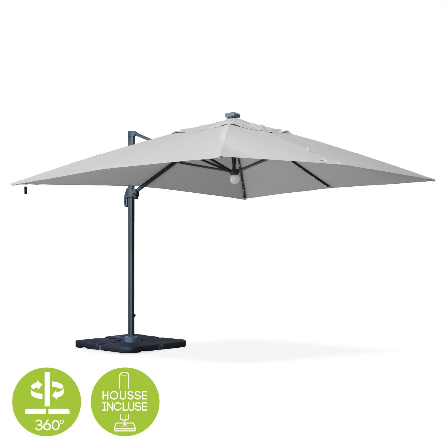 Light grey Luce, premium quality 3 x 4 m cantilever solar LED parasol