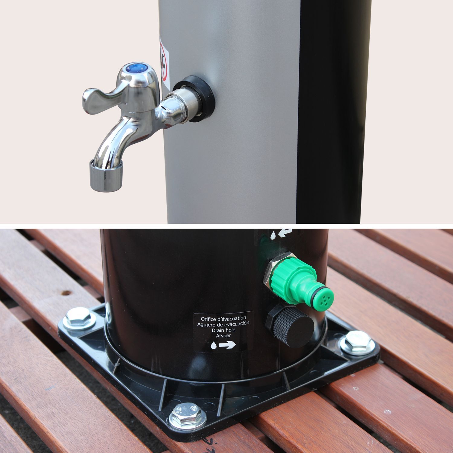 Douche solaire d'extérieur pour piscine, terrasse, jardin avec mitigeur, et réservoir de 35L