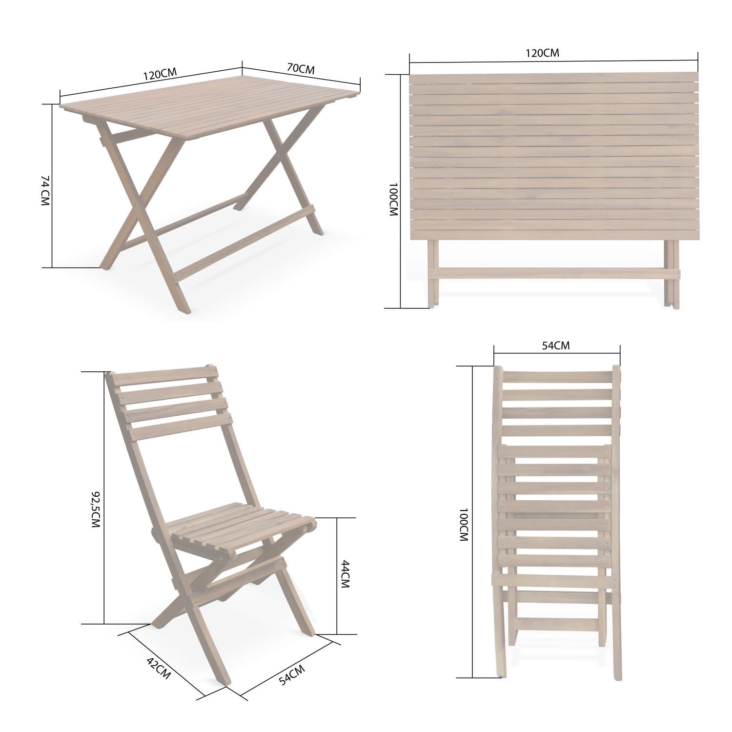 Houten bistroset, rechthoekige tafel en 4 opvouwbare stoelen