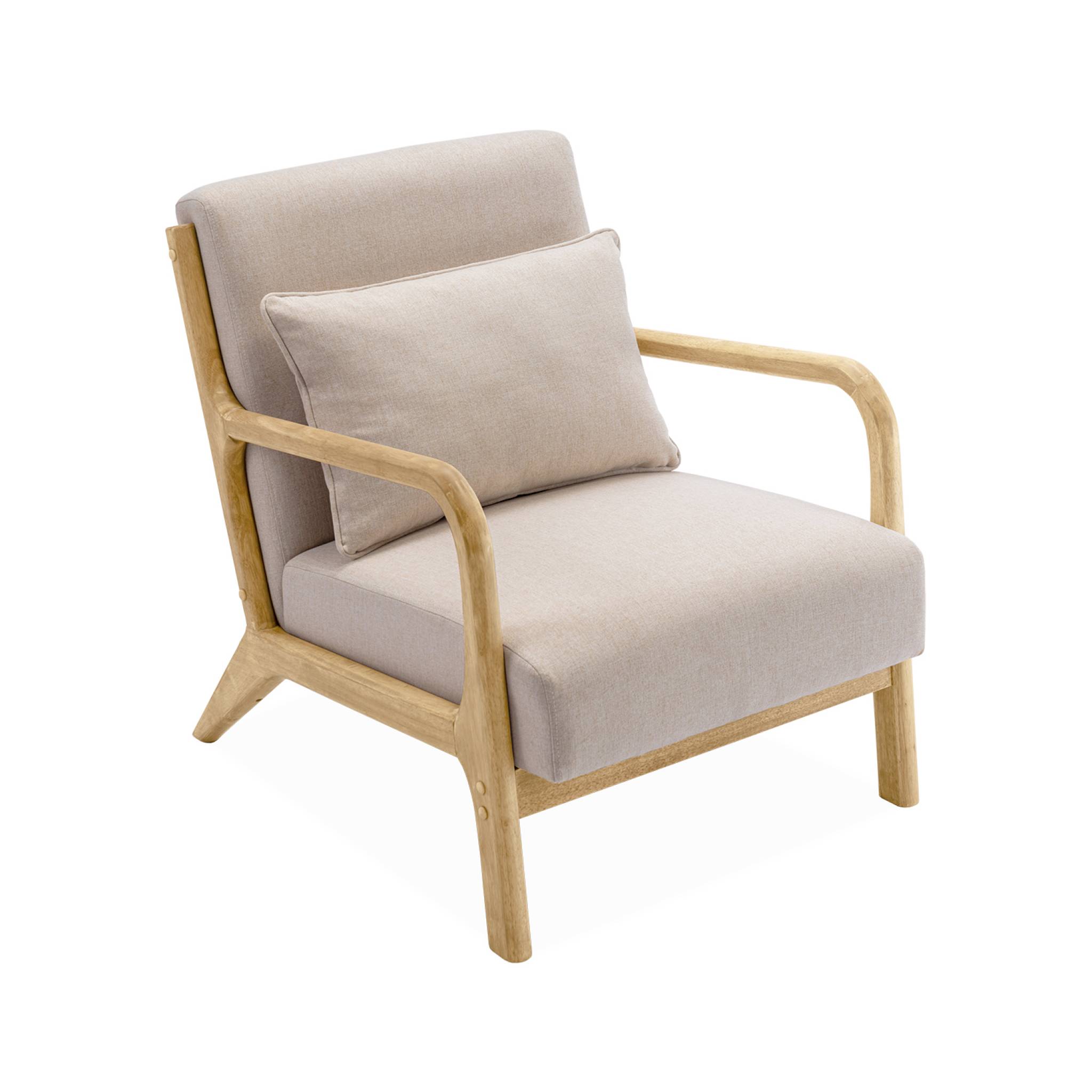 Poltrona scandinava in legno e tessuto con braccioli, beige