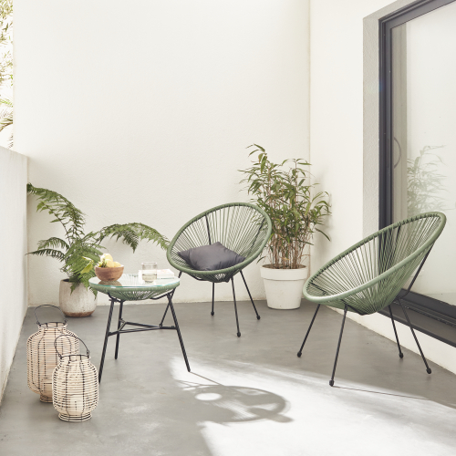 Ensemble de 2 fauteuils Acapulco chaise oeuf design rétro, avec table d'appoint, cordage vert de gris. Livraison rapide, meilleur prix garanti !