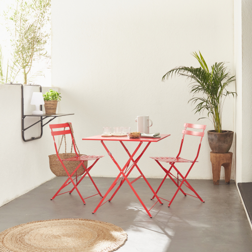 Emilia Raspberry Red Foldable Bistro Garden Set Square Table With Two Foldable Chairs Thermo Lacquered Steel