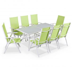 Mesa de jardim, conjunto de mesa e cadeiras em alumínio e textileno - Branco/Verde - 8 lugares - NAEVIA Foto Naevia Conjunto de jantar para jardim, aluminio, branco, verde, 8 lugares | Naevia